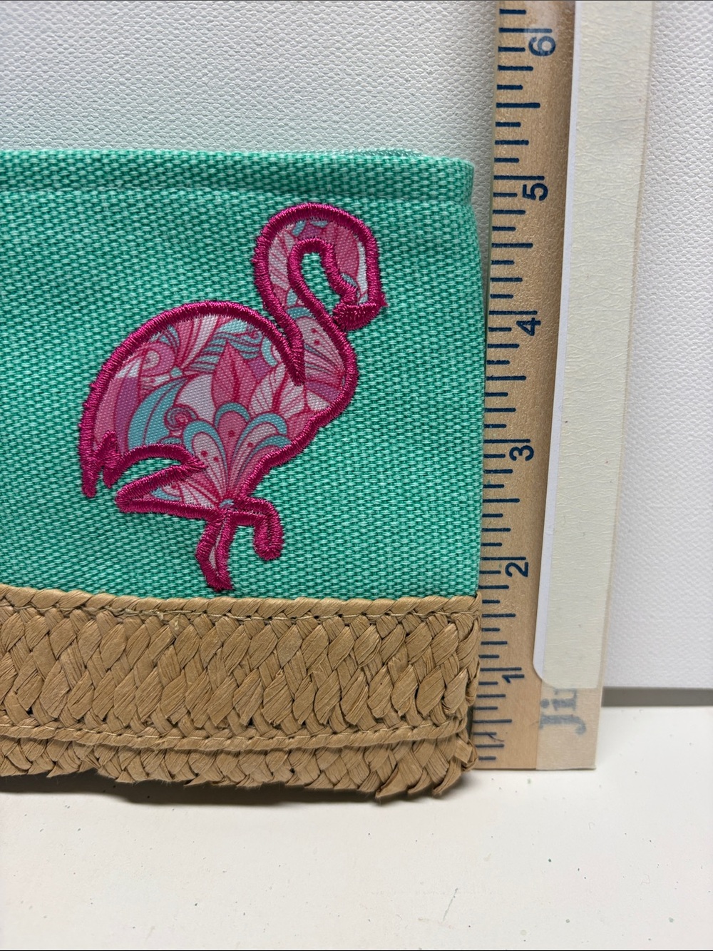 Teal Canvas & Woven Straw Flamingo Wristlet Clutch - Picture 4 of 11